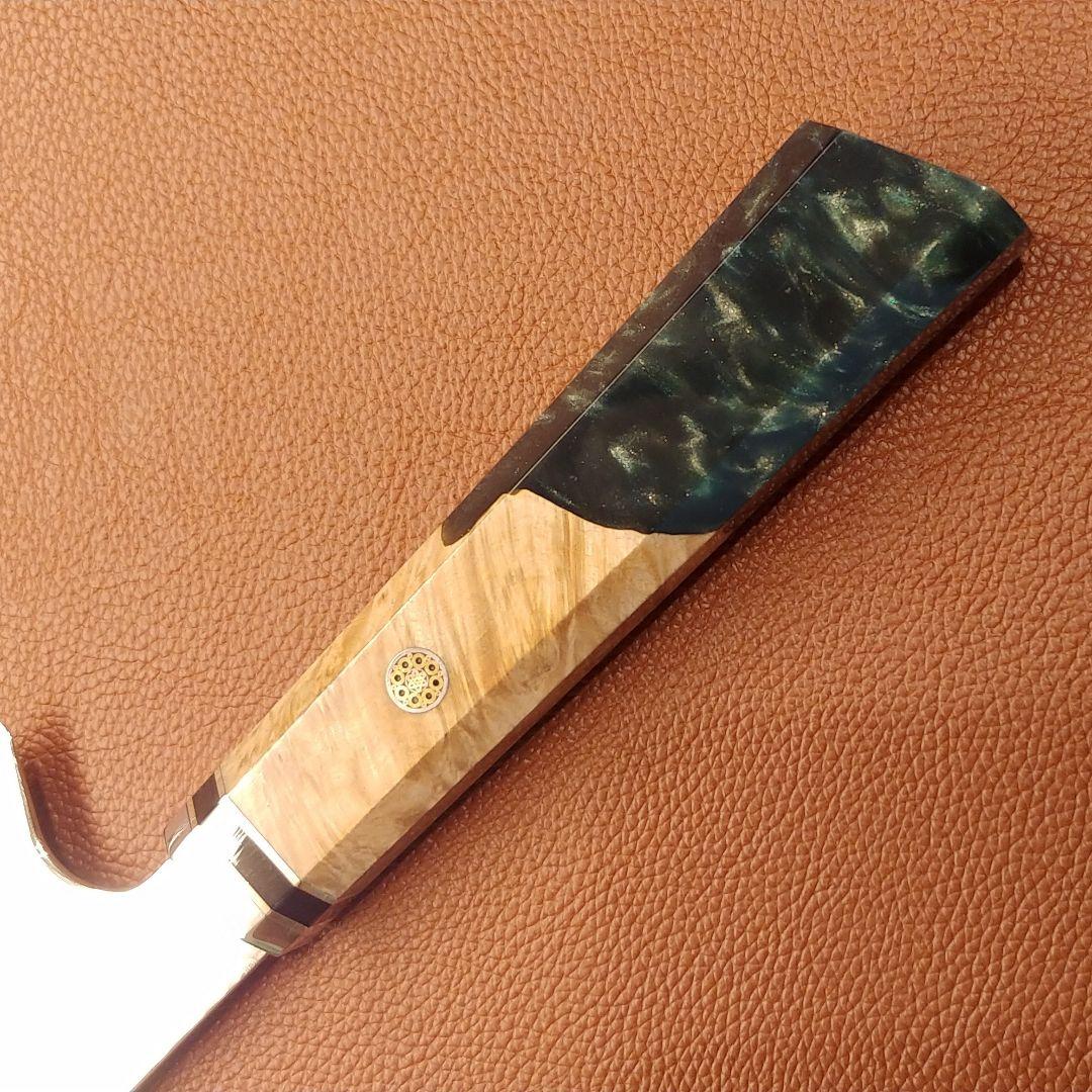 プレゼント付き　V金10号 　67層　ダマスカス包丁　青緑柄　剣型　牛刀