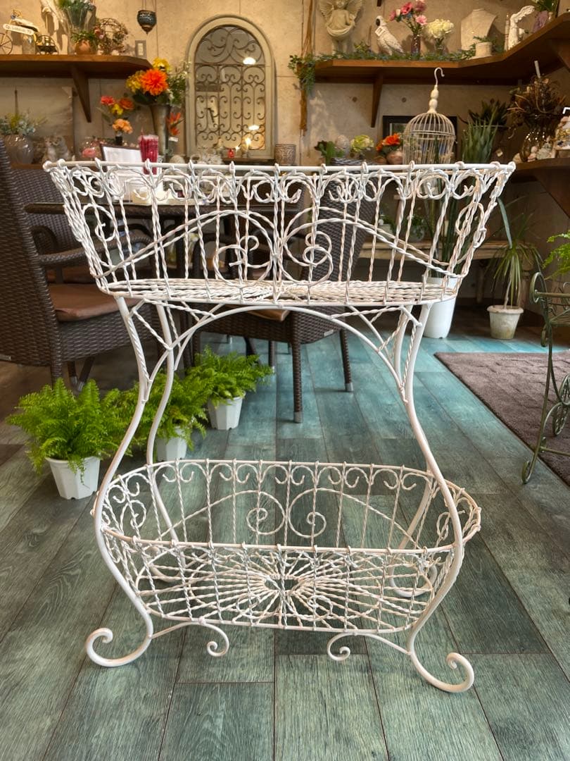 サイド　スタンド　2段　バスケット　アイアン　アンティーク　置物