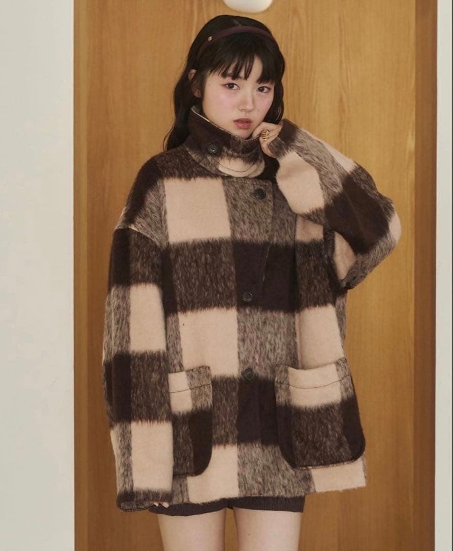 remoon シャギーコート ブラウン　チェック　フリーサイズ
