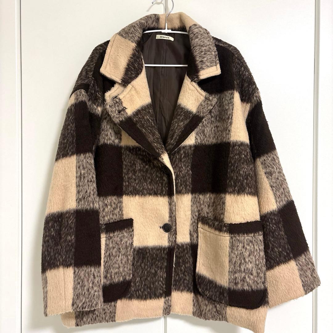 remoon シャギーコート ブラウン　チェック　フリーサイズ