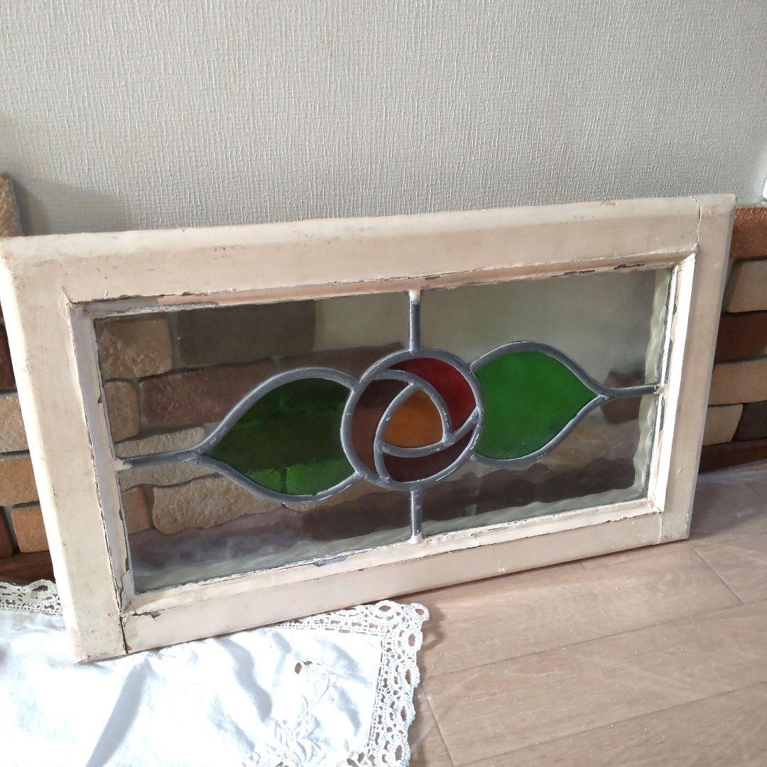 アンティーク　ステンドグラス　窓枠　イギリス　希少　ローズ柄