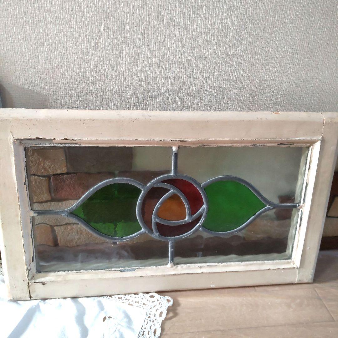 アンティーク　ステンドグラス　窓枠　イギリス　希少　ローズ柄