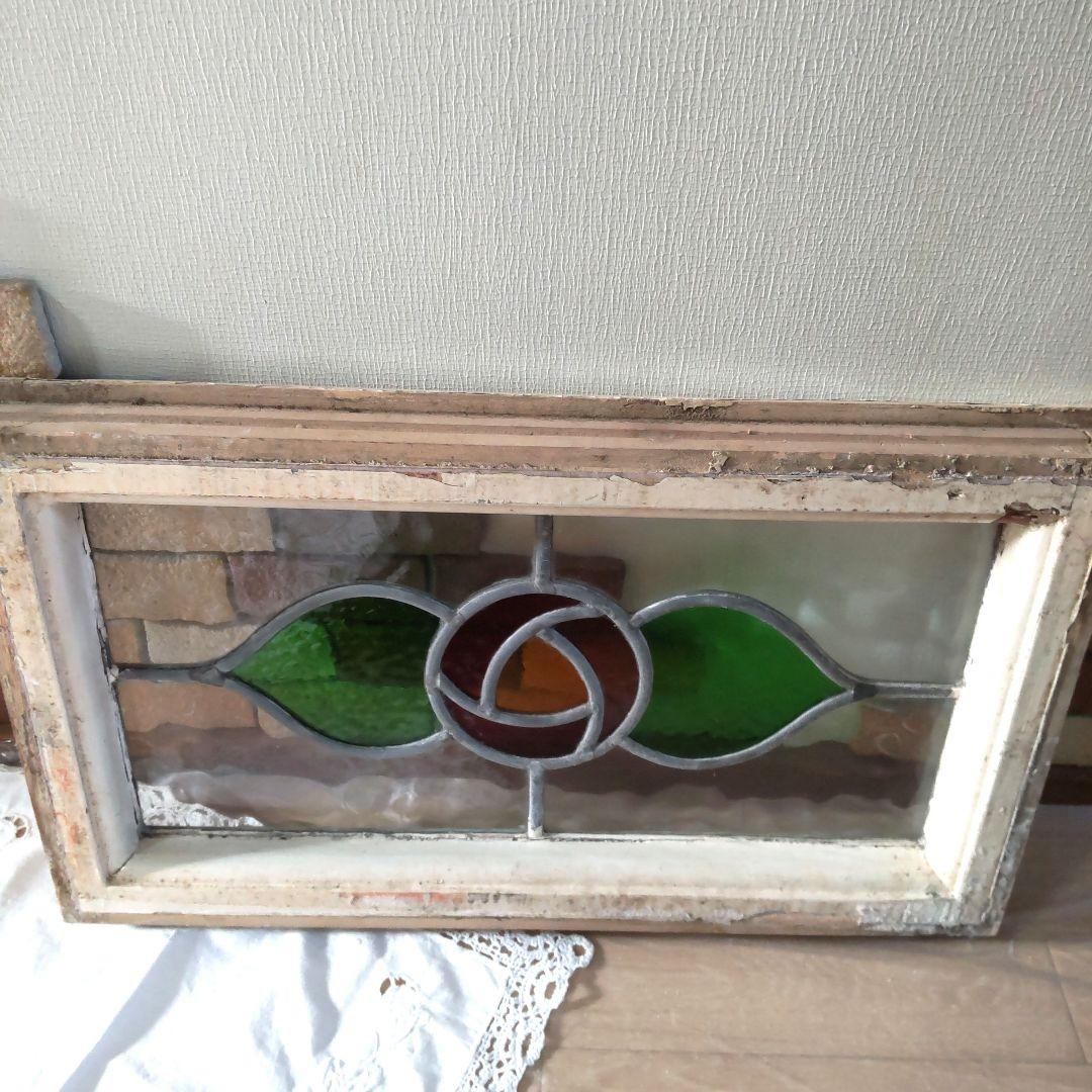 アンティーク　ステンドグラス　窓枠　イギリス　希少　ローズ柄