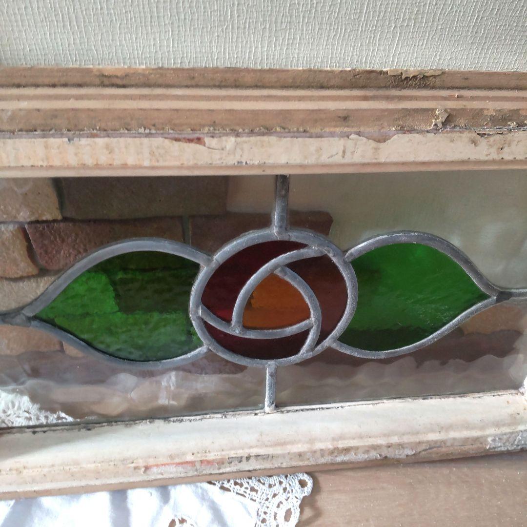 アンティーク　ステンドグラス　窓枠　イギリス　希少　ローズ柄