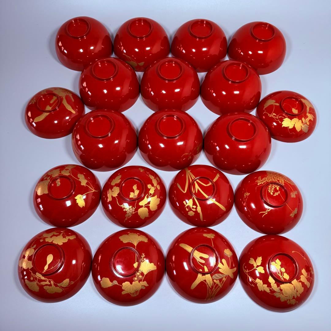 京漆器　蒔絵師　橘屋友七　絵替わり　「朱塗椀直物文様」　10客　漆器　共箱有り