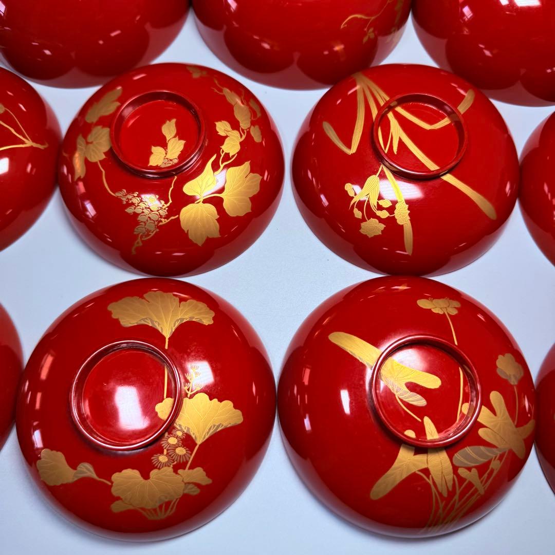 京漆器　蒔絵師　橘屋友七　絵替わり　「朱塗椀直物文様」　10客　漆器　共箱有り