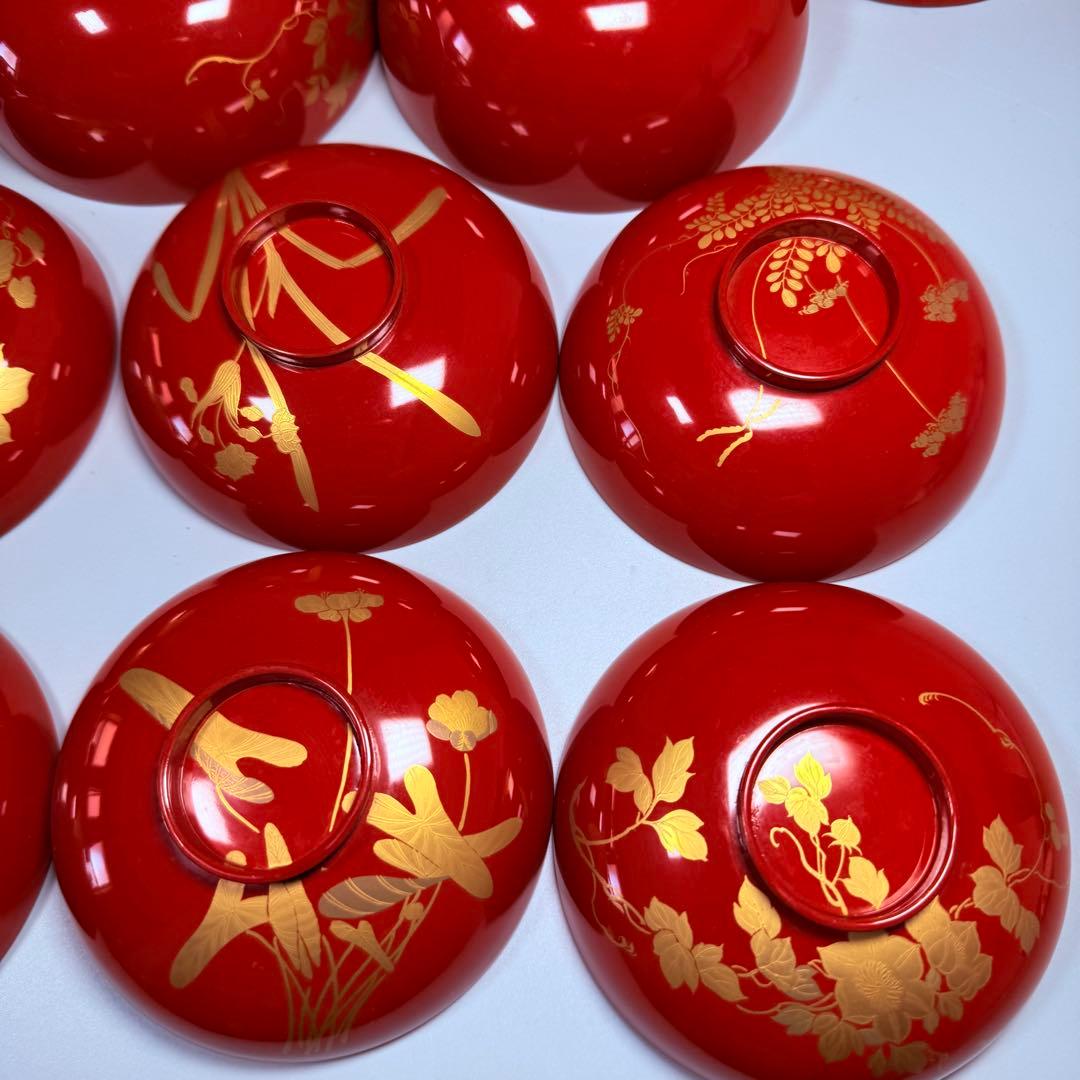 京漆器　蒔絵師　橘屋友七　絵替わり　「朱塗椀直物文様」　10客　漆器　共箱有り
