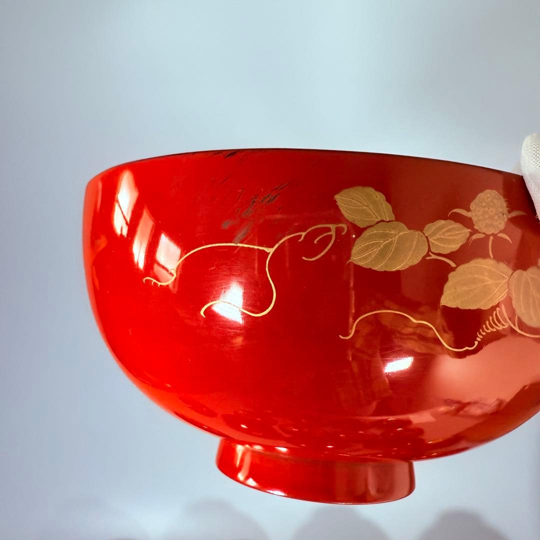 京漆器　蒔絵師　橘屋友七　絵替わり　「朱塗椀直物文様」　10客　漆器　共箱有り