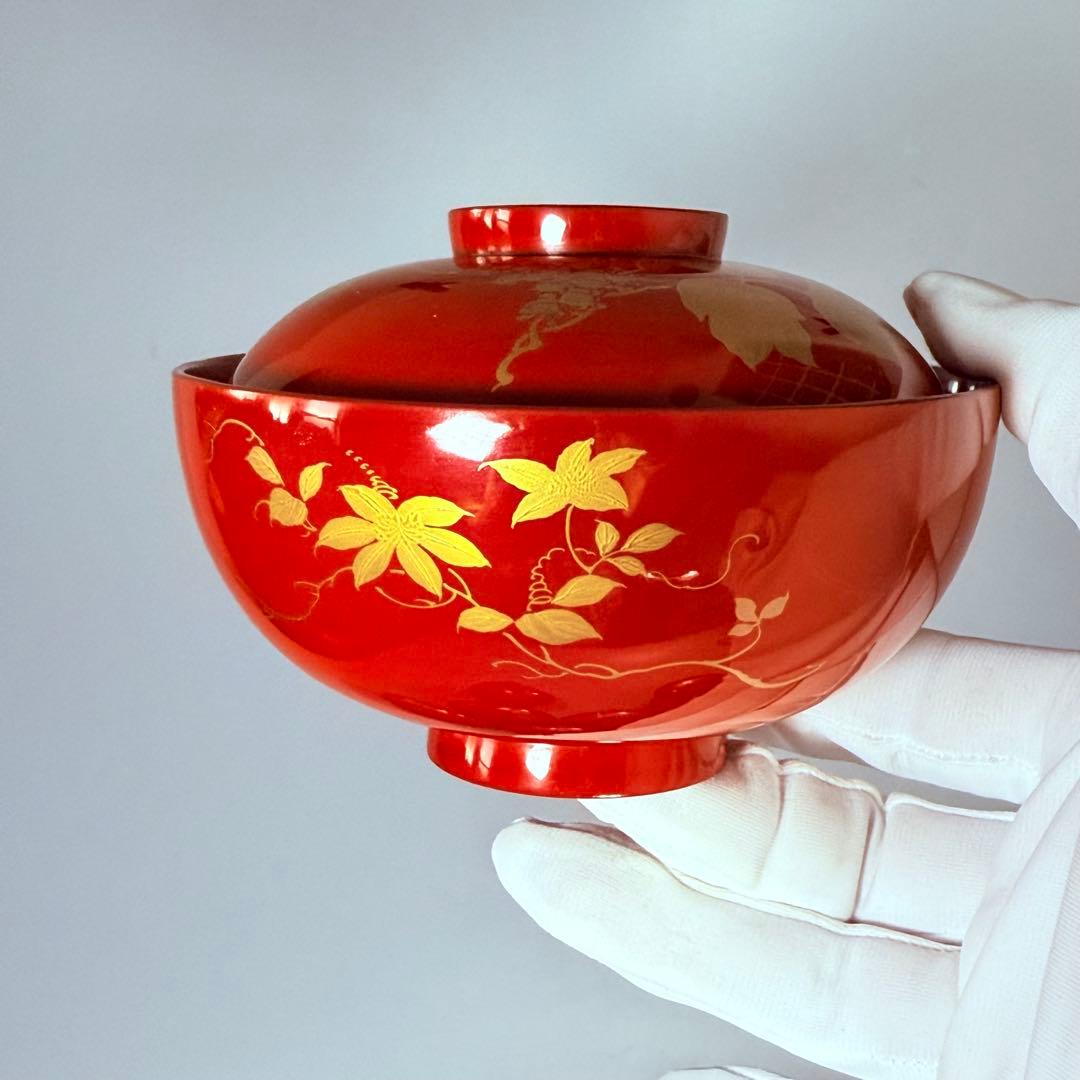 京漆器　蒔絵師　橘屋友七　絵替わり　「朱塗椀直物文様」　10客　漆器　共箱有り