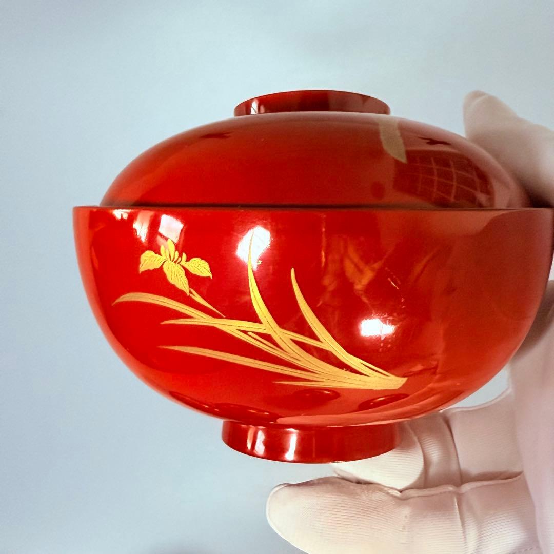 京漆器　蒔絵師　橘屋友七　絵替わり　「朱塗椀直物文様」　10客　漆器　共箱有り