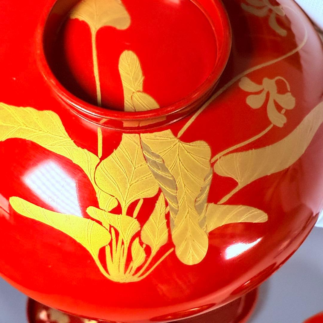 京漆器　蒔絵師　橘屋友七　絵替わり　「朱塗椀直物文様」　10客　漆器　共箱有り