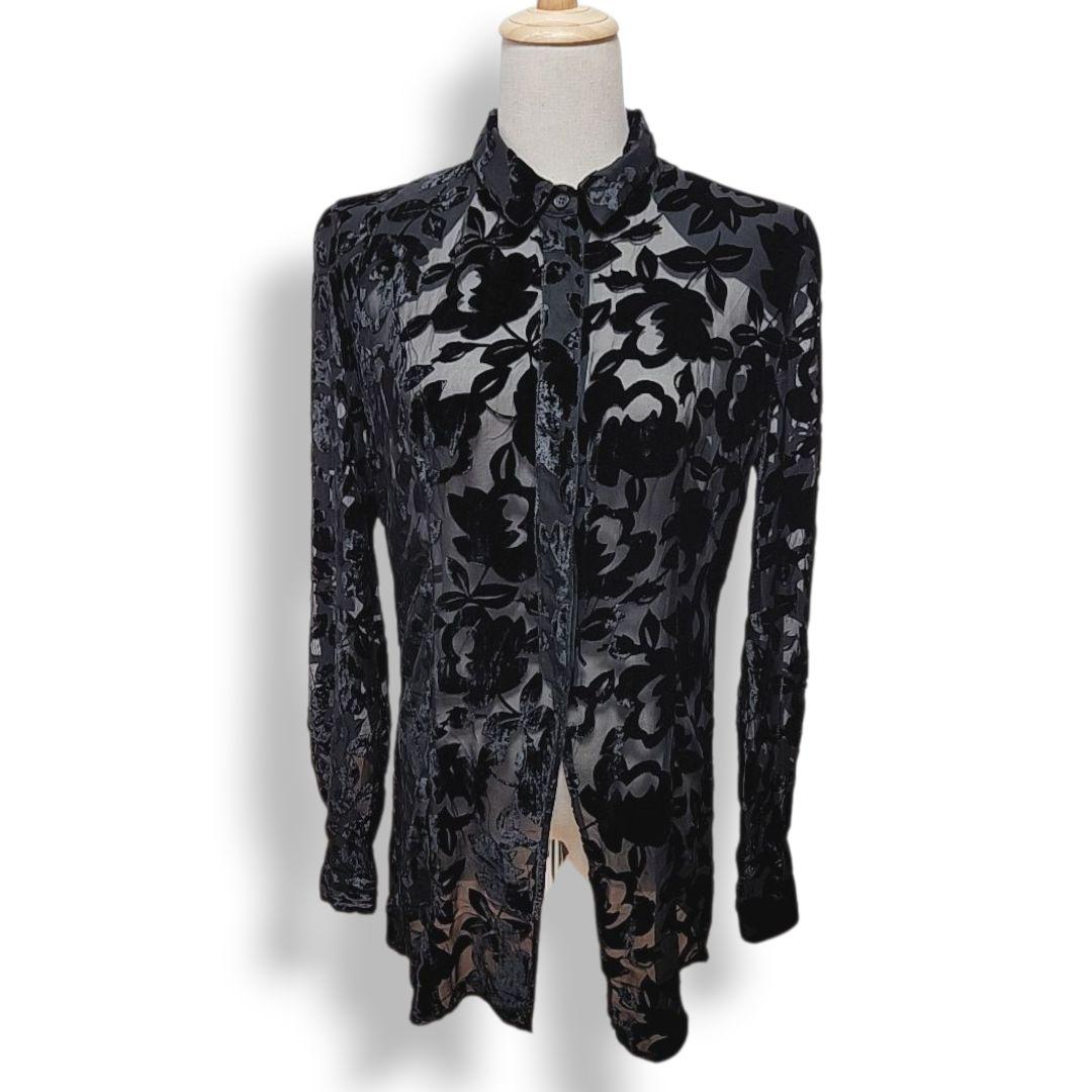 ジョルジオ・アルマーニ イタリア製 シルク使用 ベロアフラワー柄シアーシャツ 黒