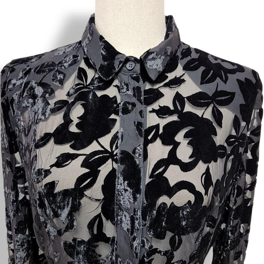 ジョルジオ・アルマーニ イタリア製 シルク使用 ベロアフラワー柄シアーシャツ 黒
