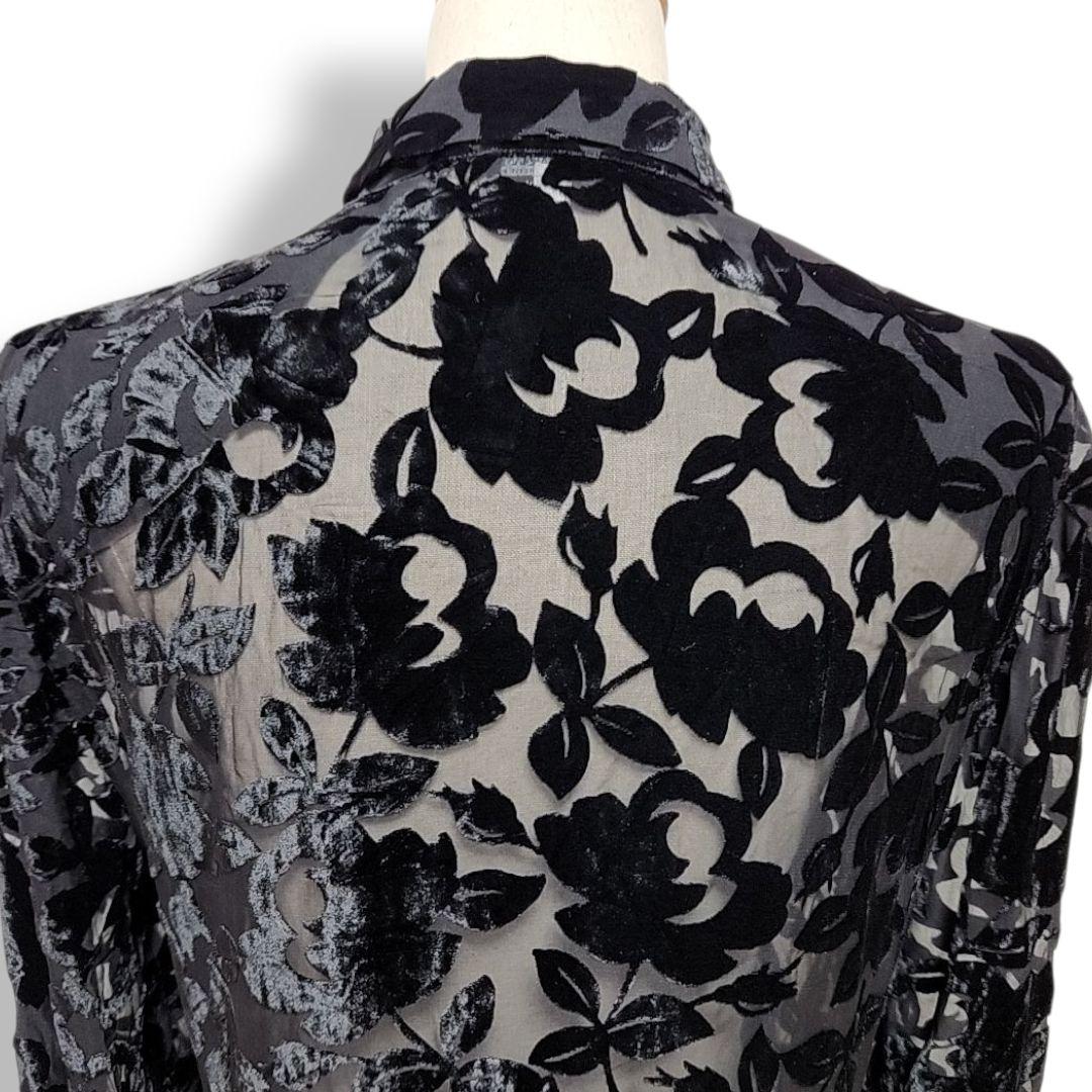 ジョルジオ・アルマーニ イタリア製 シルク使用 ベロアフラワー柄シアーシャツ 黒