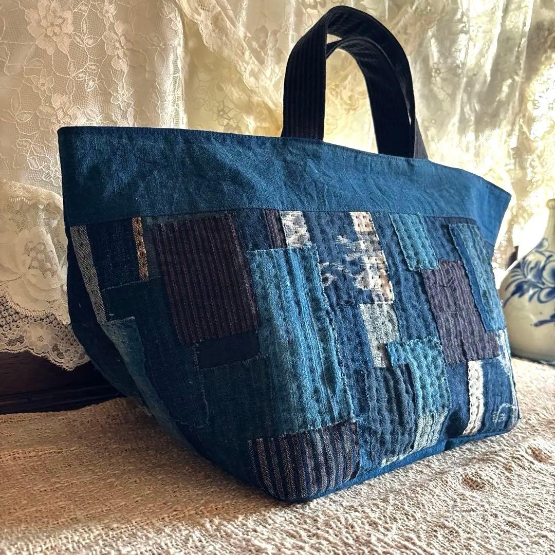 藍染　古布リメイク　ハンドメイド　刺し子　トートバッグ