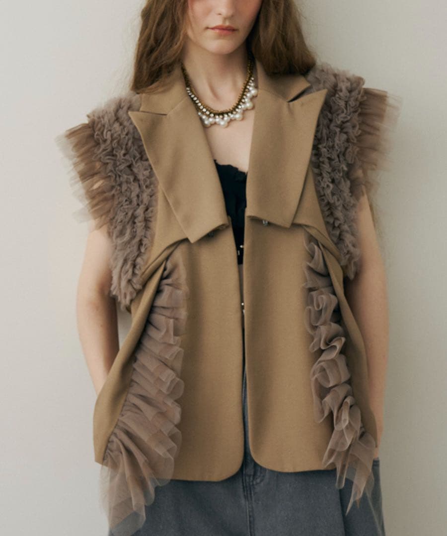 【新品】J1U 2WAYボリュームギャザーチュールノースリーブジャケット BEG