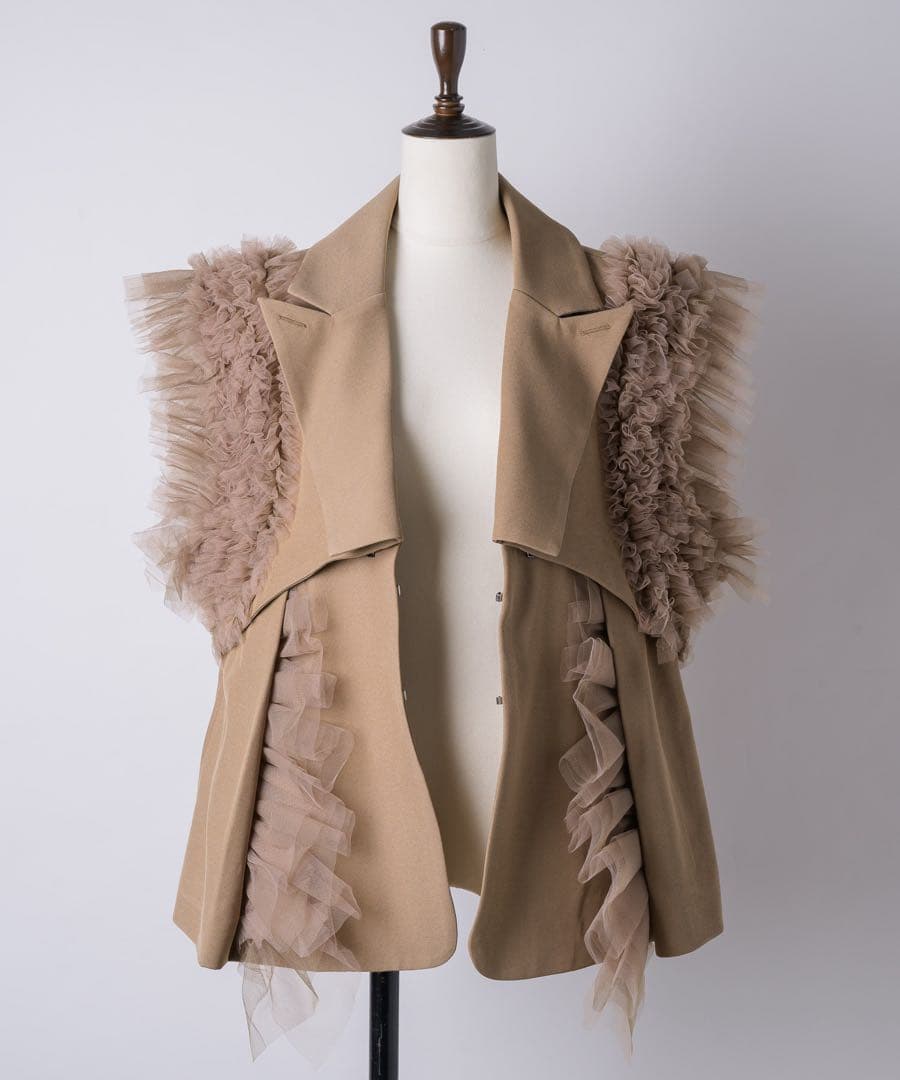 【新品】J1U 2WAYボリュームギャザーチュールノースリーブジャケット BEG