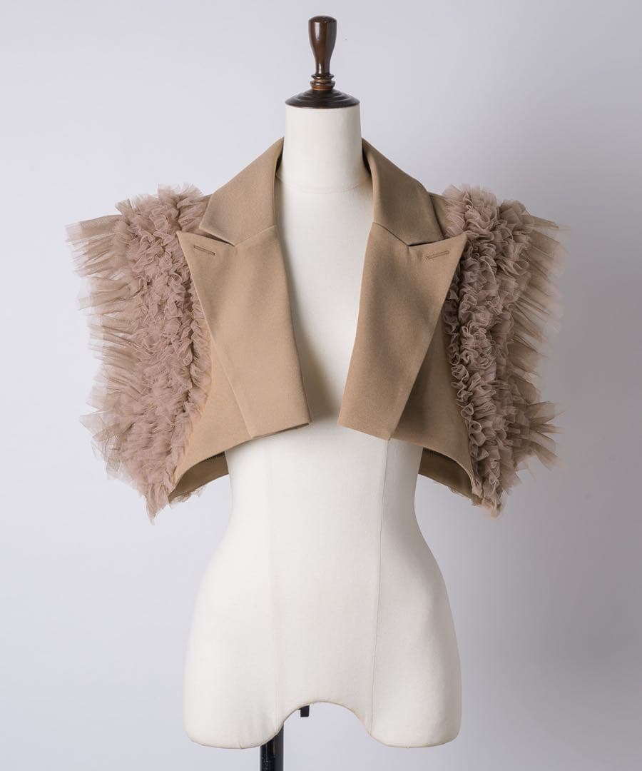 【新品】J1U 2WAYボリュームギャザーチュールノースリーブジャケット BEG