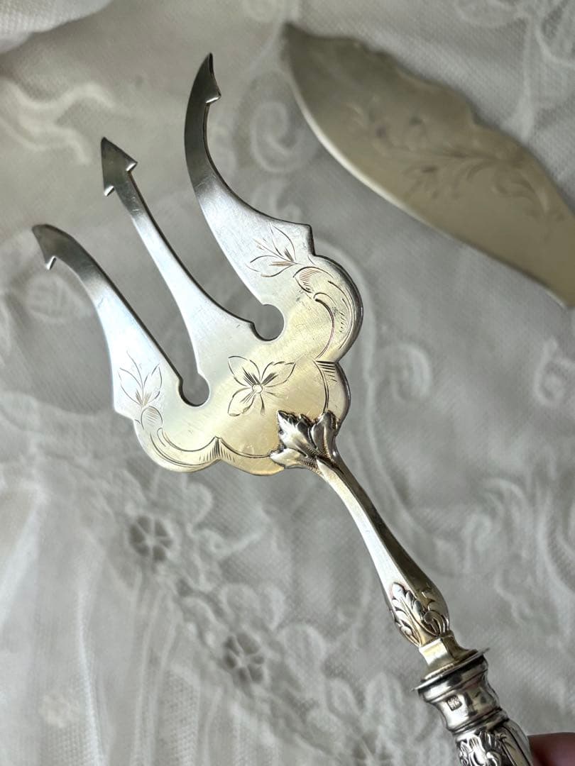 フランスアンティーク サーバー サービング ナイフ フォーク シルバーカトラリー