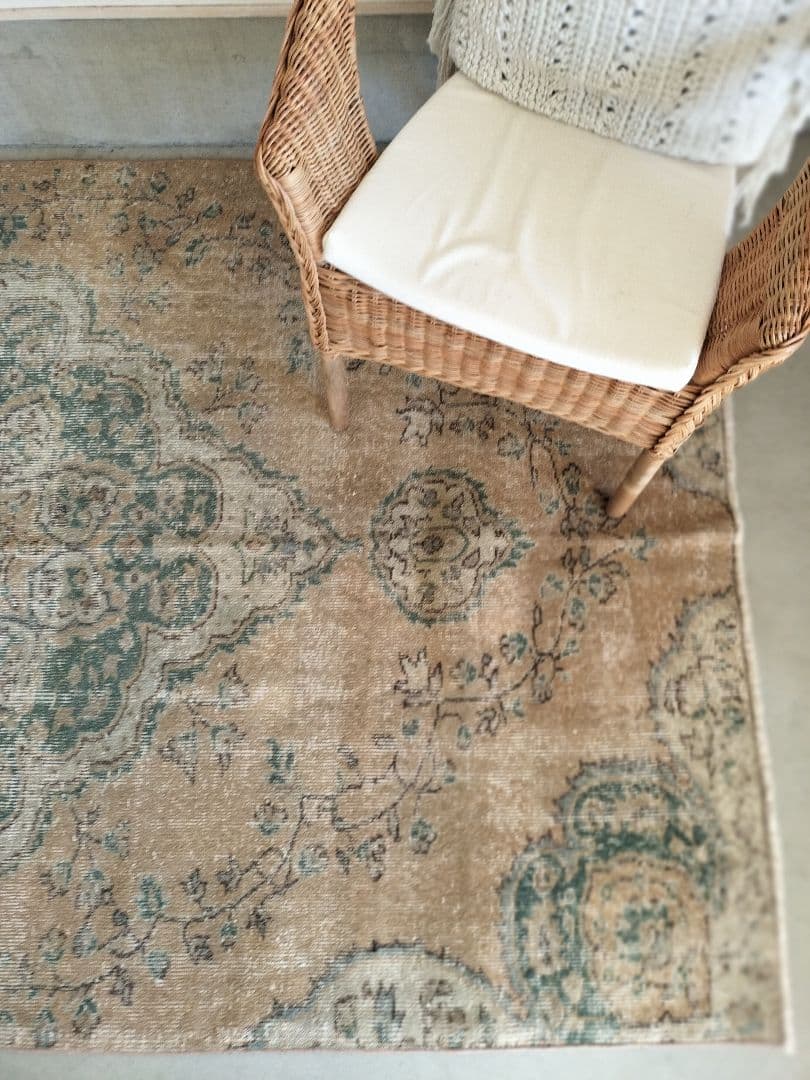 【Jessica】くすみベージュとターコイズのトルコラグNo.709