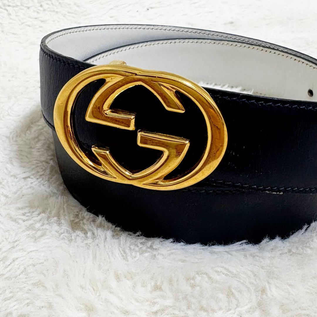 美品　グッチ　ベルト　インターロッキング　GG ネイビー　レザー　本革