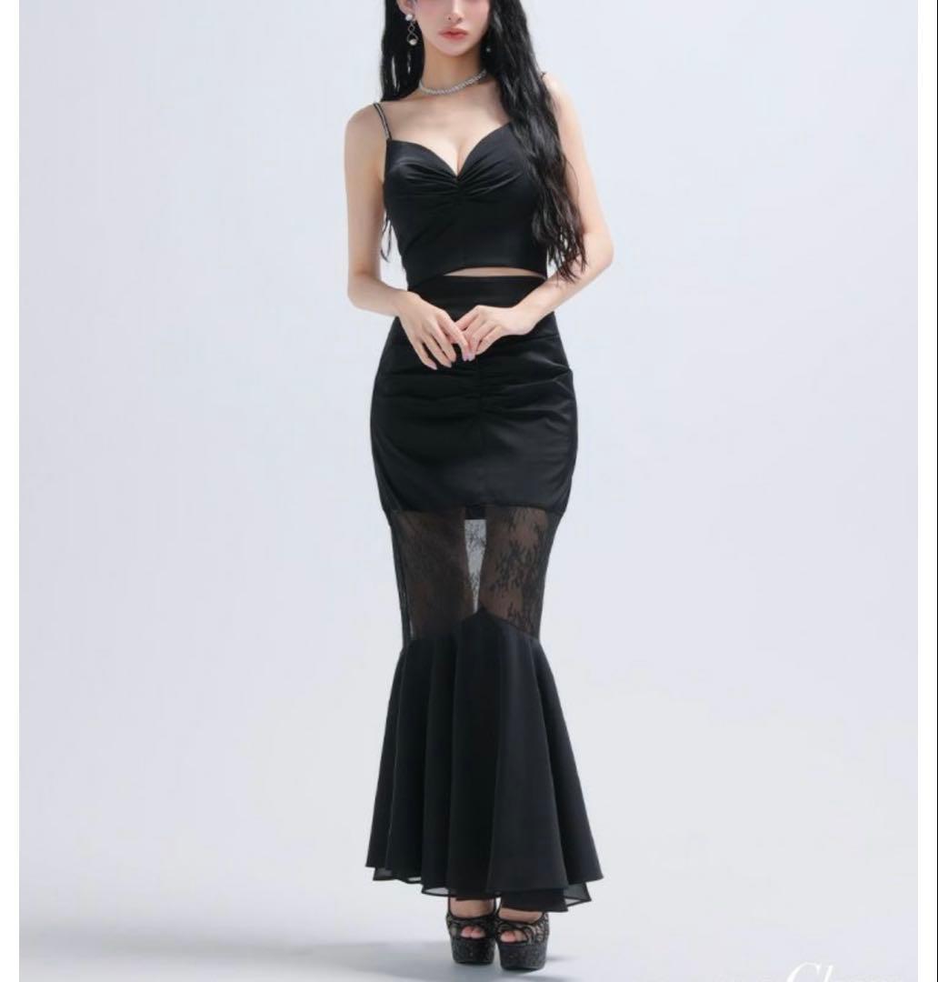 Glossy ブラックナイトドレス セットアップドレス フレアスカート