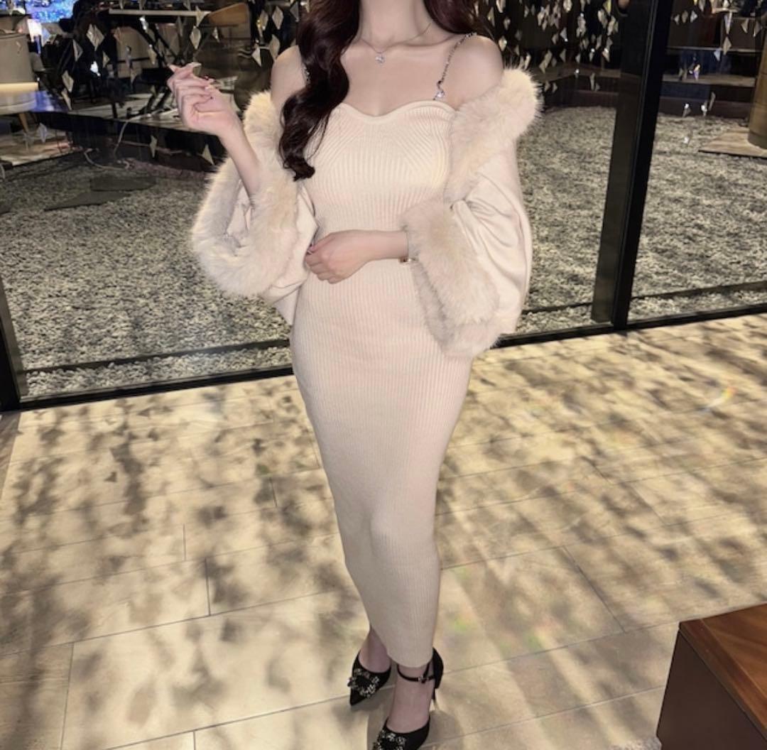 【即日発送】elmyu ファーポンチョカーデ×チェーンワンピset パーティー白