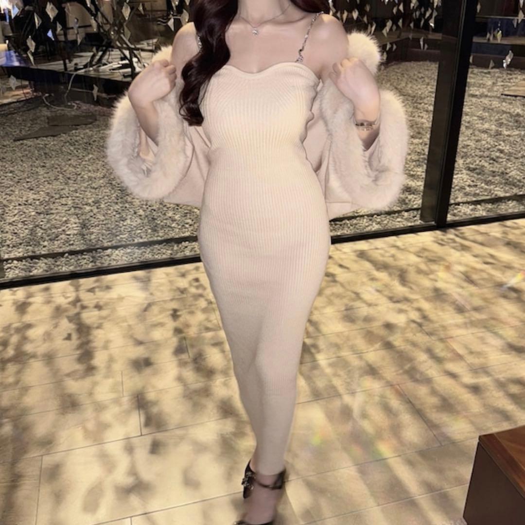 【即日発送】elmyu ファーポンチョカーデ×チェーンワンピset パーティー白