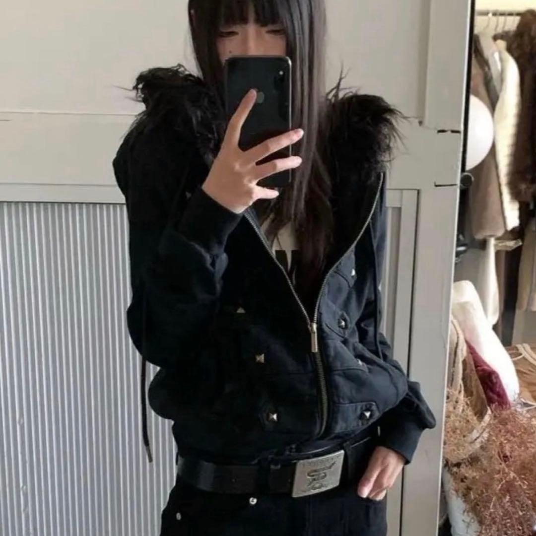 ジャケット・アウター fur studs hoodie jacket y2k