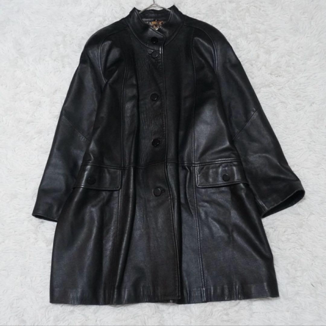 美品 ピエールバルマン ラムレザーロングコート 羊革 本革 派手裏地 黒