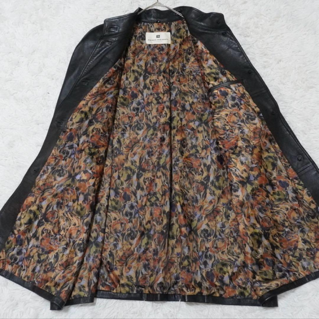 美品 ピエールバルマン ラムレザーロングコート 羊革 本革 派手裏地 黒