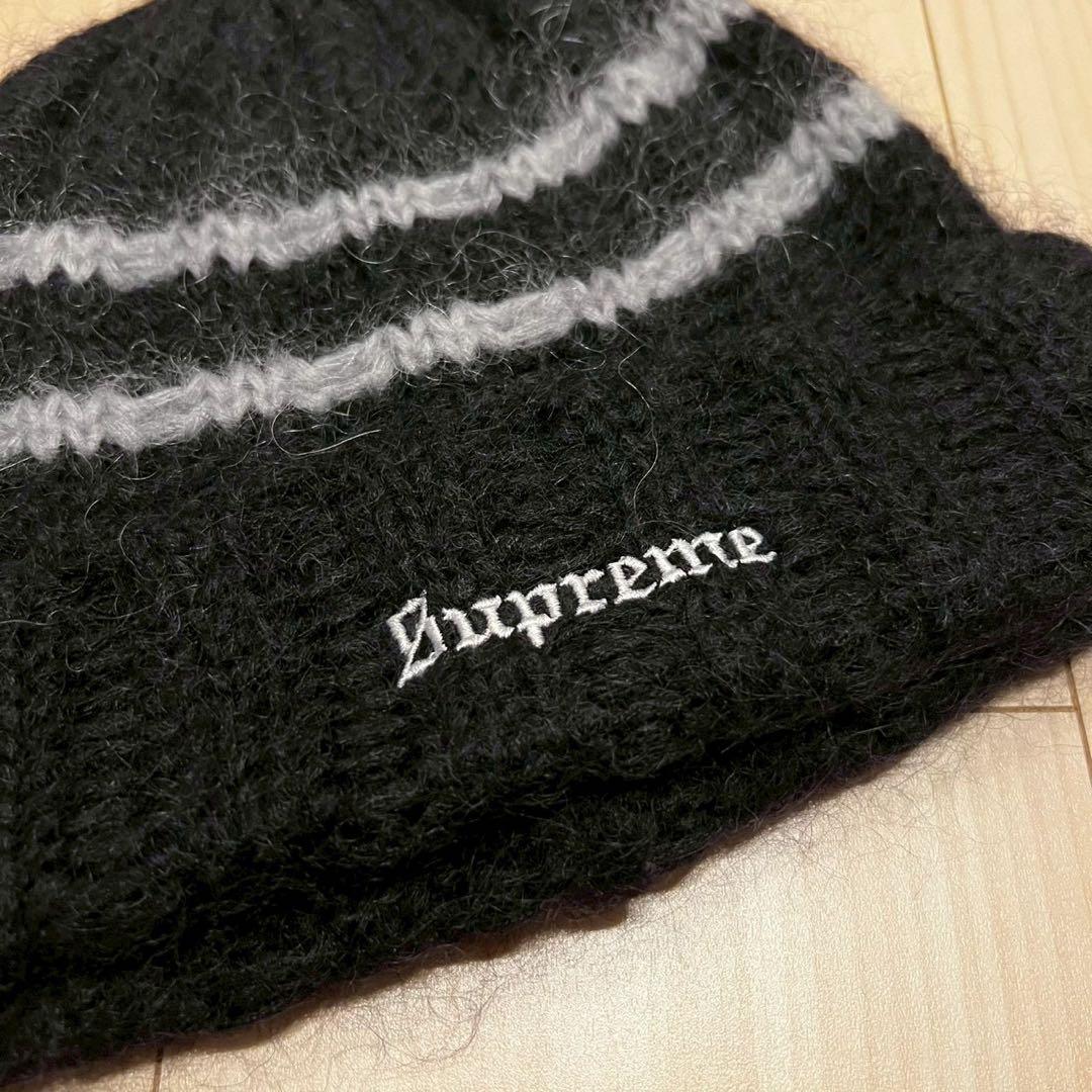 Supreme モヘア ストライプ ビーニー ニット帽 黒