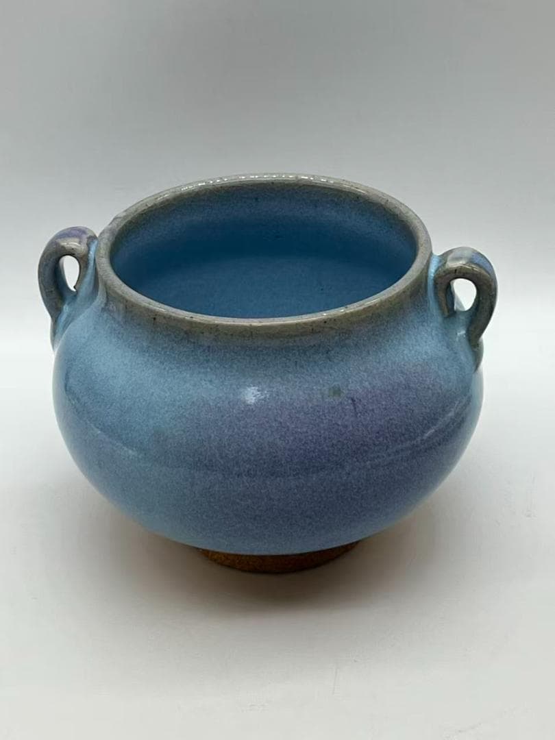 明时代 鈞窯　青磁 澱青月白釉紫斑 双糸耳香炉 水丞 香炉　茶道具(A-91)
