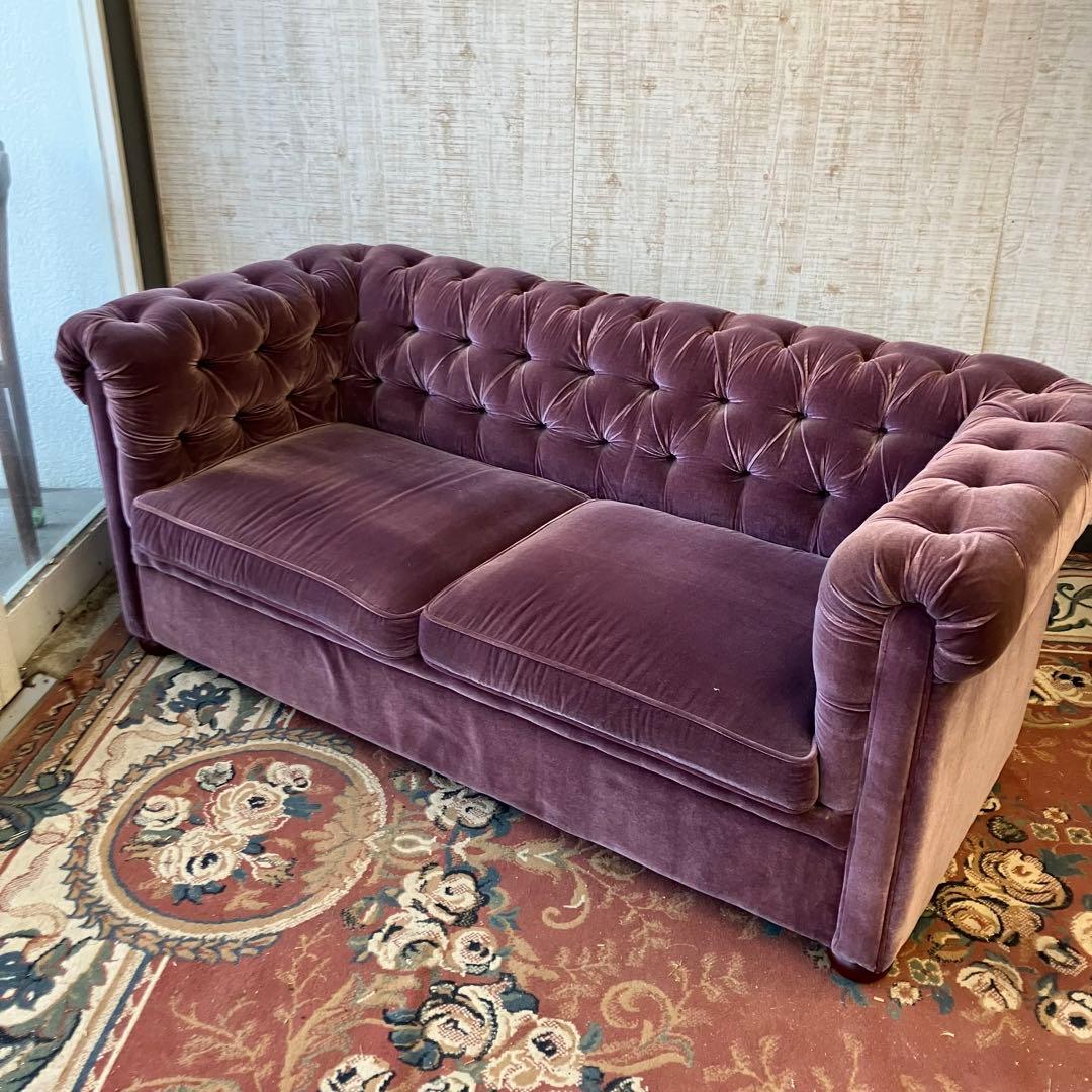 昭和レトロ マルニ木工 ボタン留めベロアソファー 二人掛けソファー アームチェア