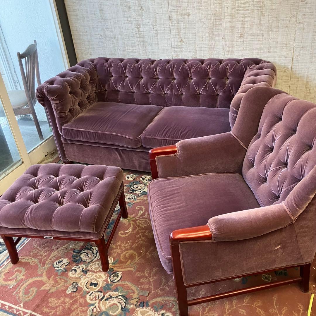 昭和レトロ マルニ木工 ボタン留めベロアソファー 二人掛けソファー アームチェア
