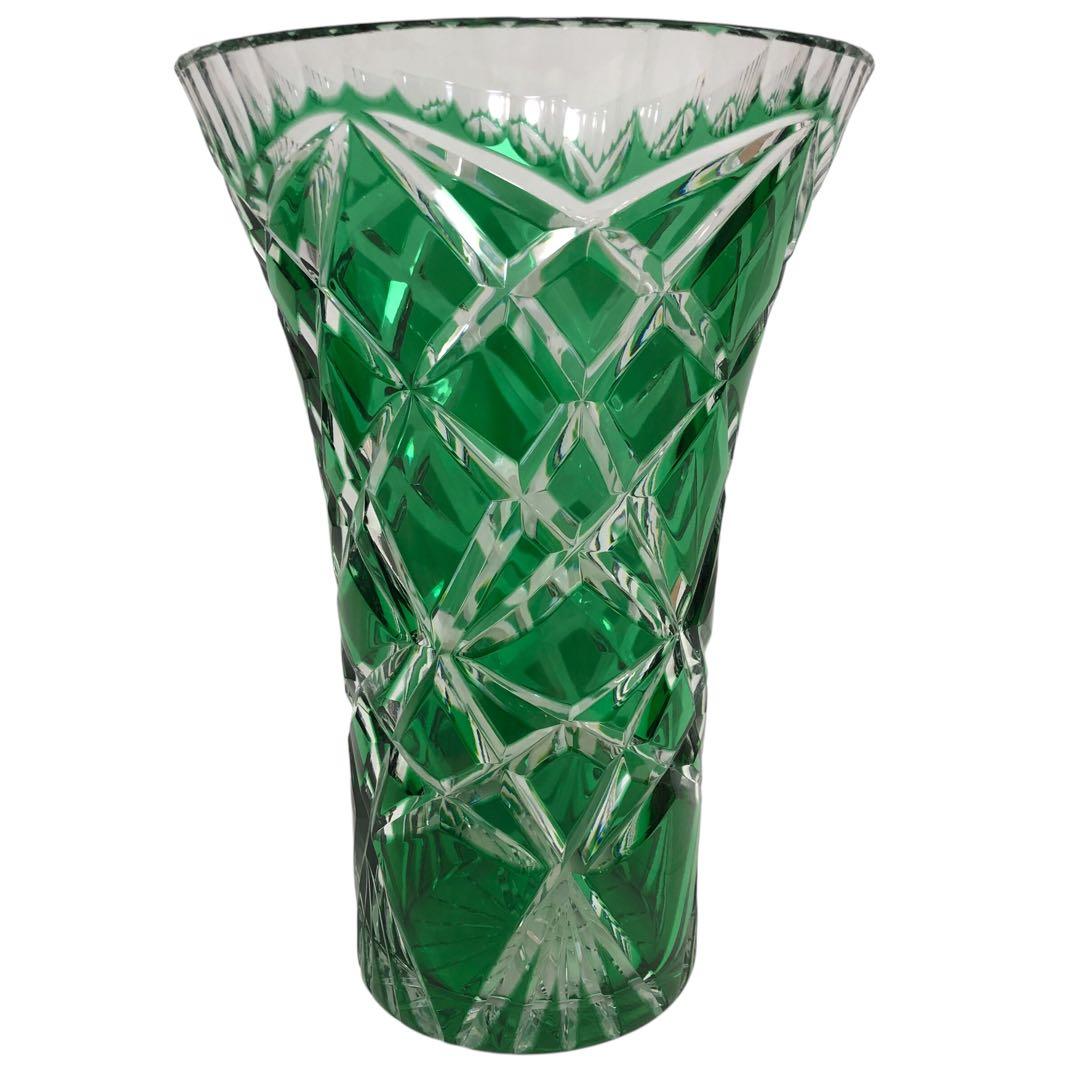 【希少】クリスタル フラワーベース 花瓶 切子 緑 グリーン 置物 ガラス