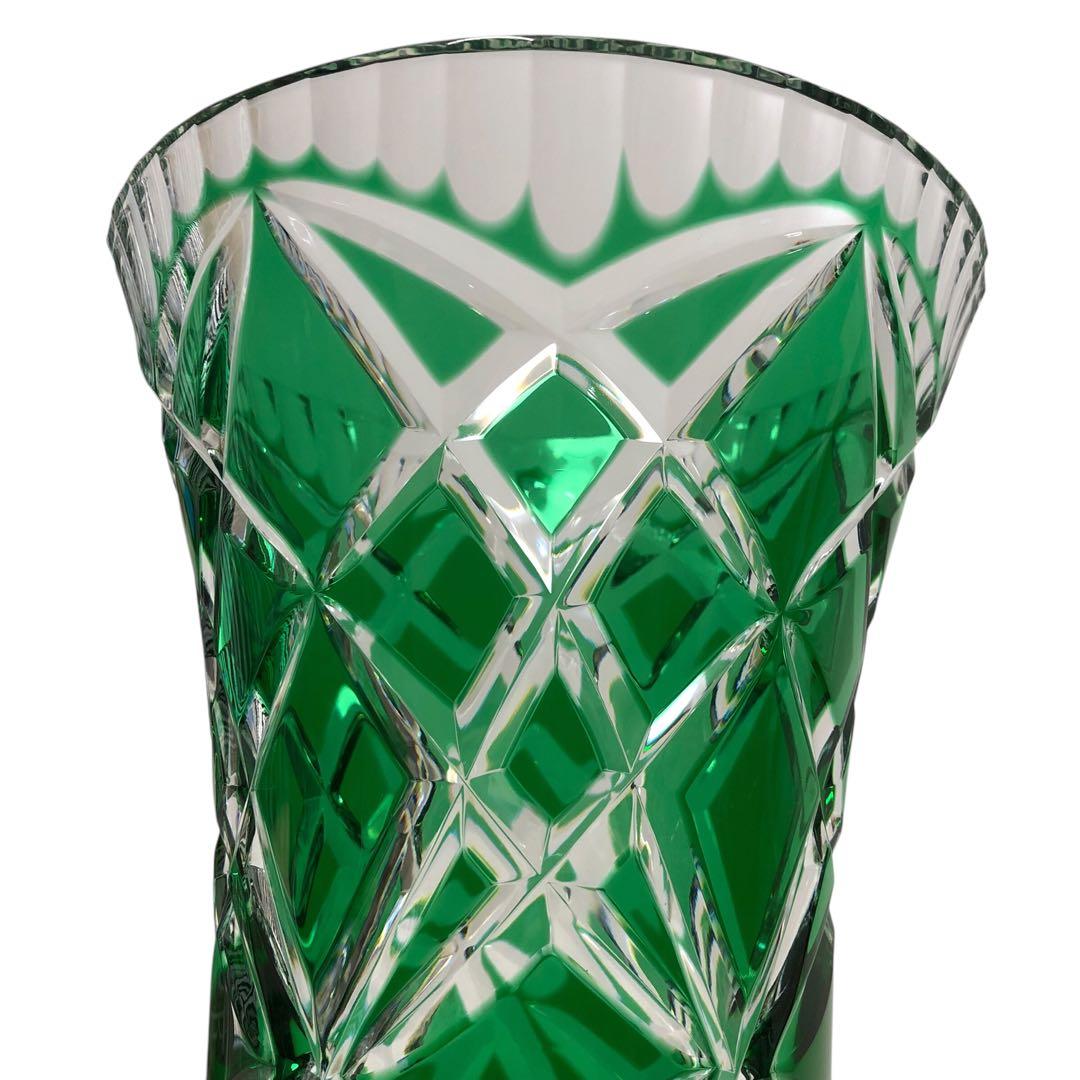 【希少】クリスタル フラワーベース 花瓶 切子 緑 グリーン 置物 ガラス