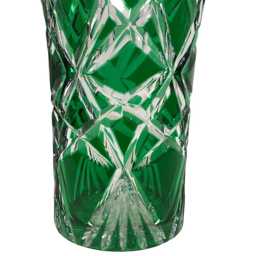 【希少】クリスタル フラワーベース 花瓶 切子 緑 グリーン 置物 ガラス