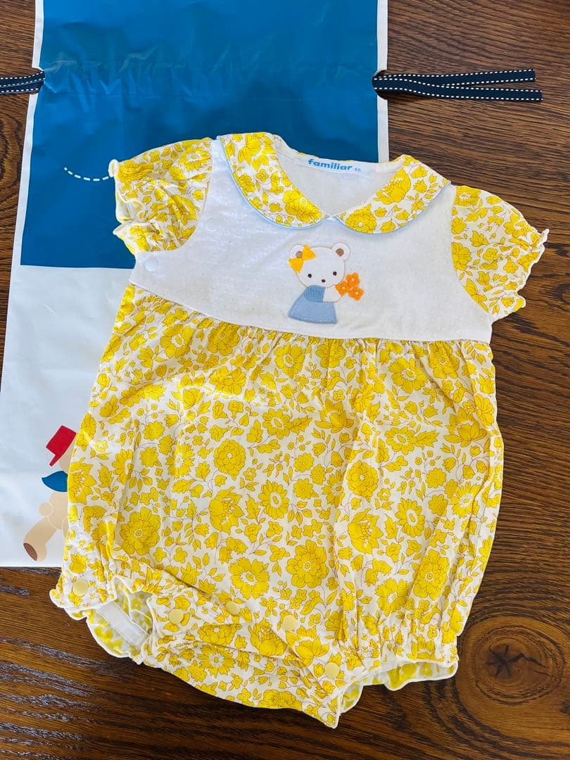 ファミリア　新作　セーラー衿　リバティ　袖付きロンパス　ロンパース　現行品　クマ