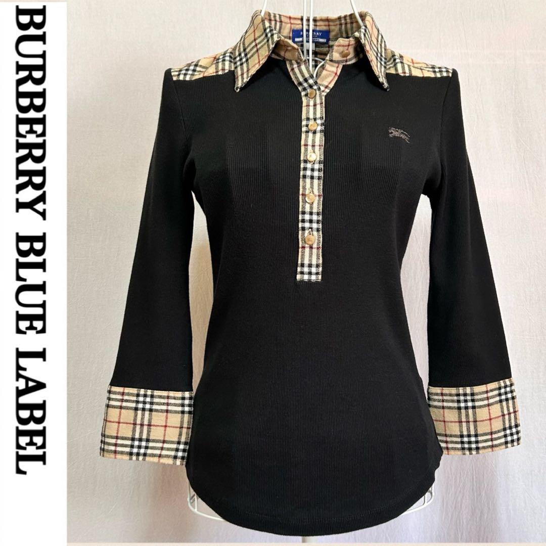 美品 バーバリー ブルーレーベル 長袖 ポロシャツ ニット ノバチェック 黒
