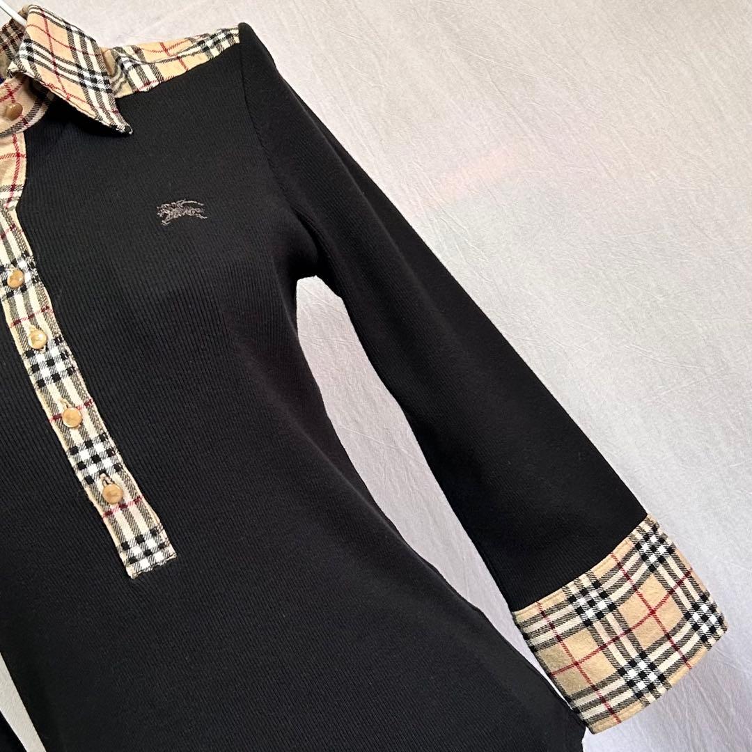 美品 バーバリー ブルーレーベル 長袖 ポロシャツ ニット ノバチェック 黒