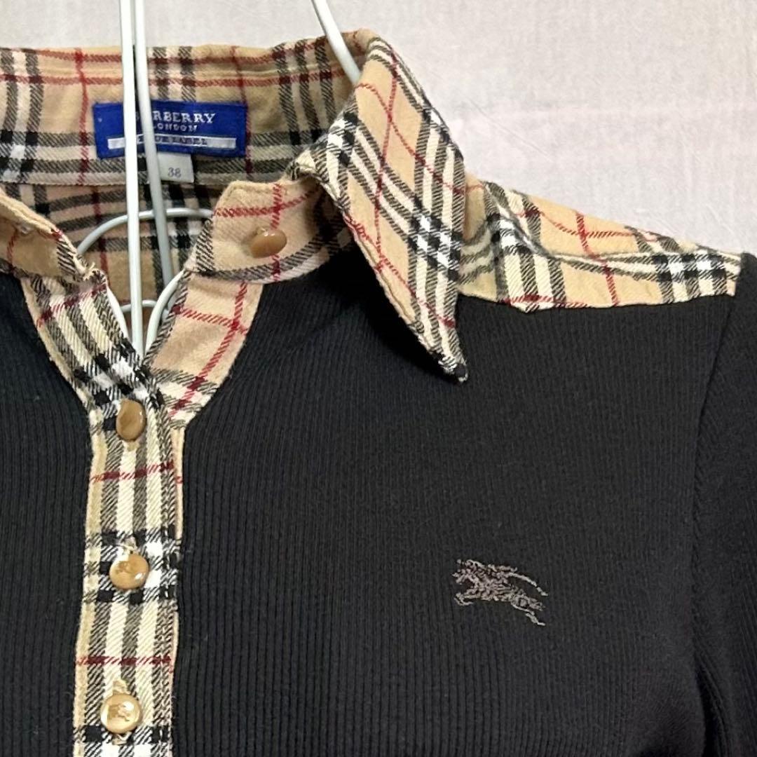 美品 バーバリー ブルーレーベル 長袖 ポロシャツ ニット ノバチェック 黒