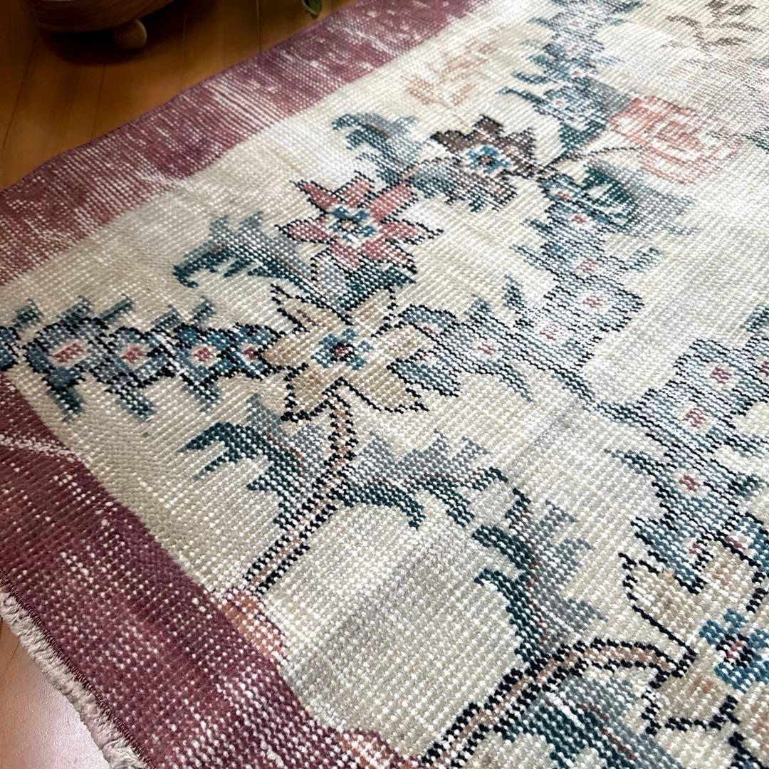 93×170擦れ　アンティークリースボタニカル　花柄　トルコヴィンテージラグ