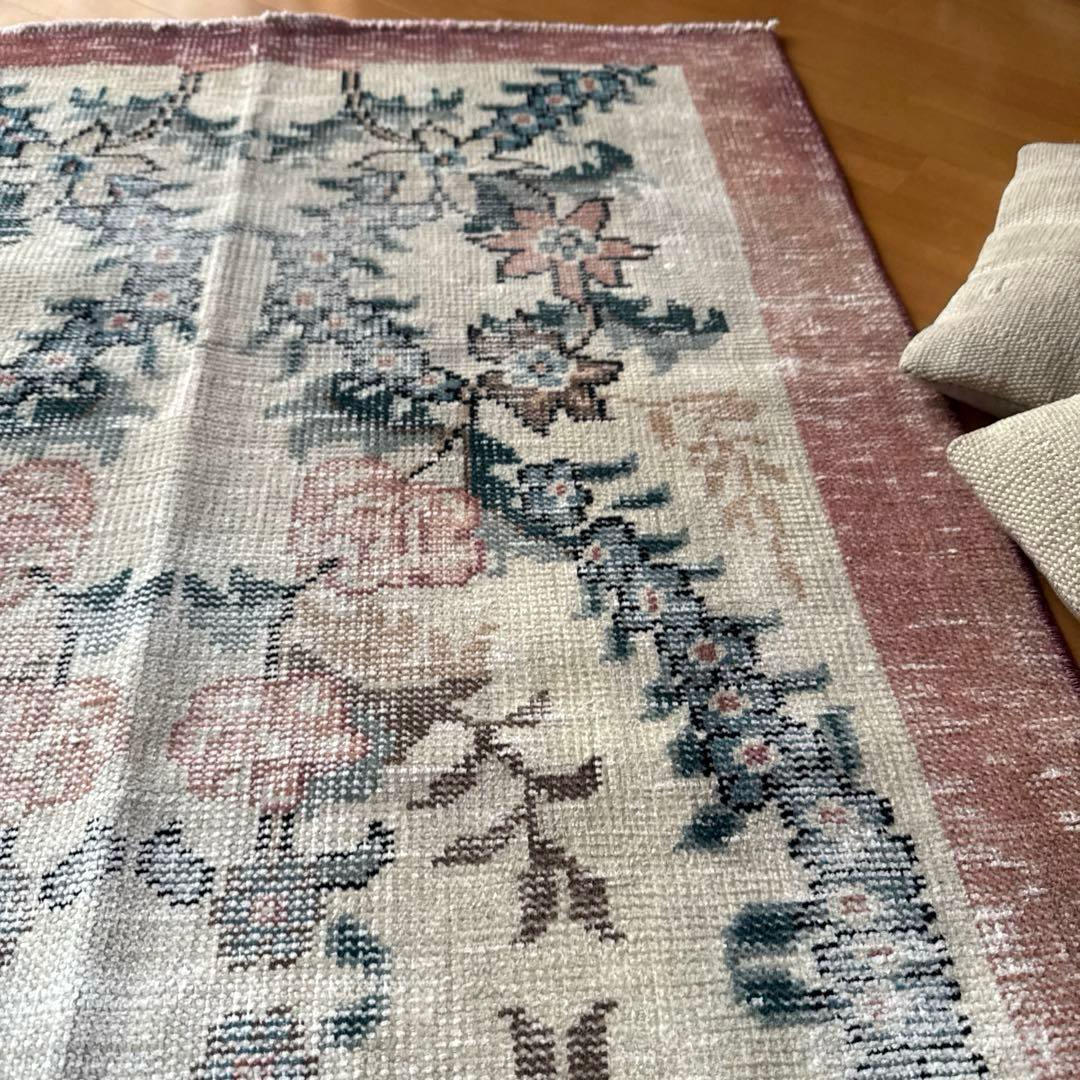 93×170擦れ　アンティークリースボタニカル　花柄　トルコヴィンテージラグ