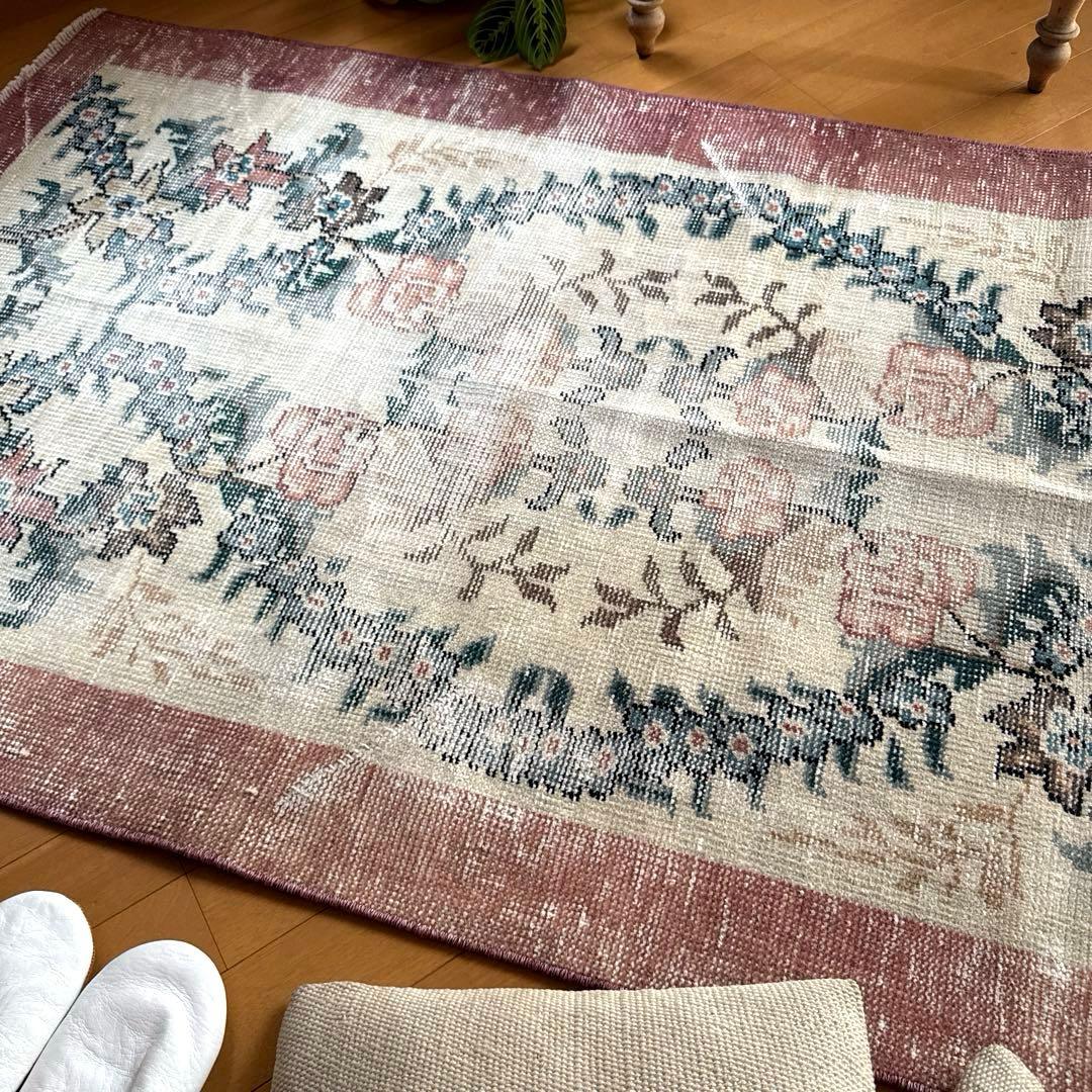 93×170擦れ　アンティークリースボタニカル　花柄　トルコヴィンテージラグ