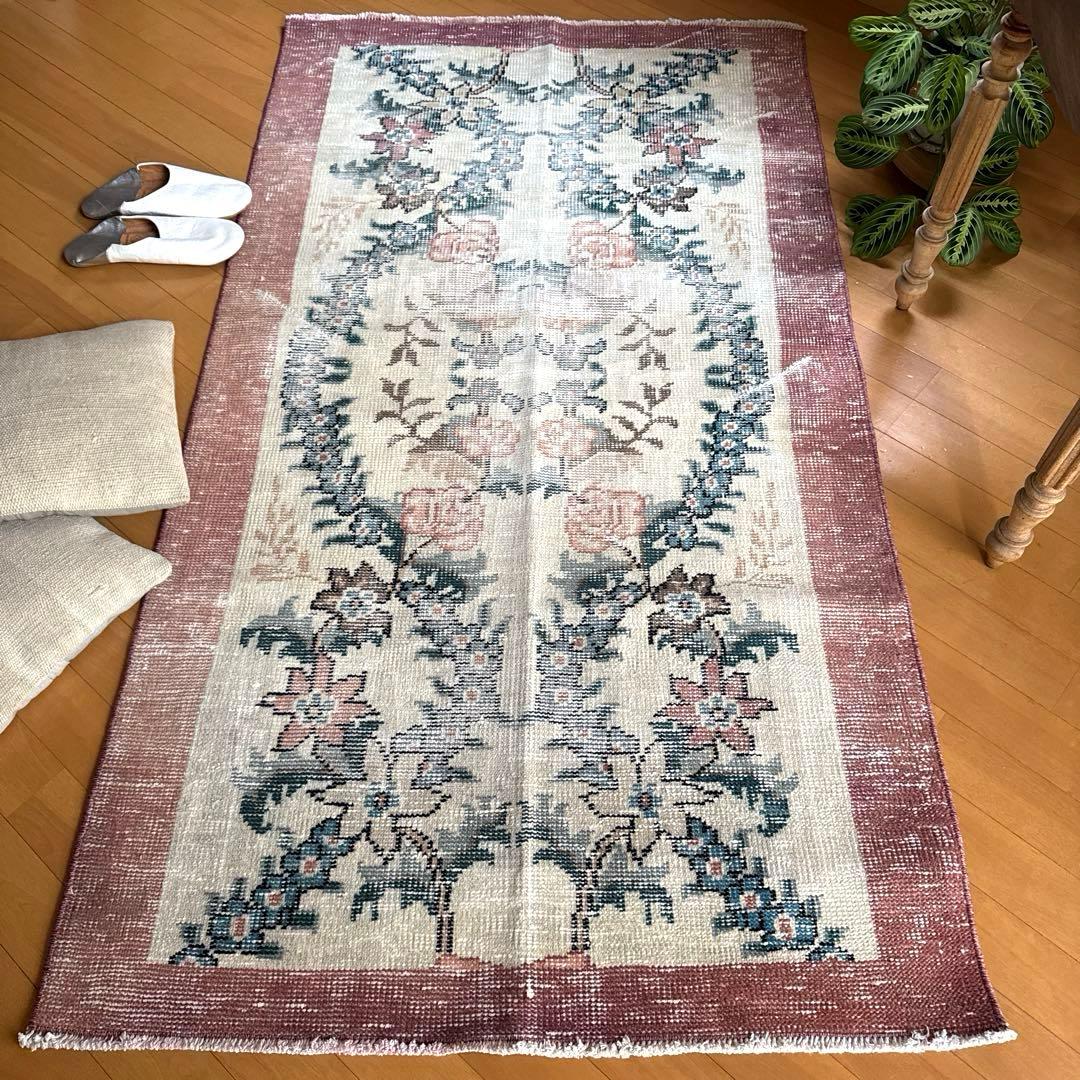 93×170擦れ　アンティークリースボタニカル　花柄　トルコヴィンテージラグ