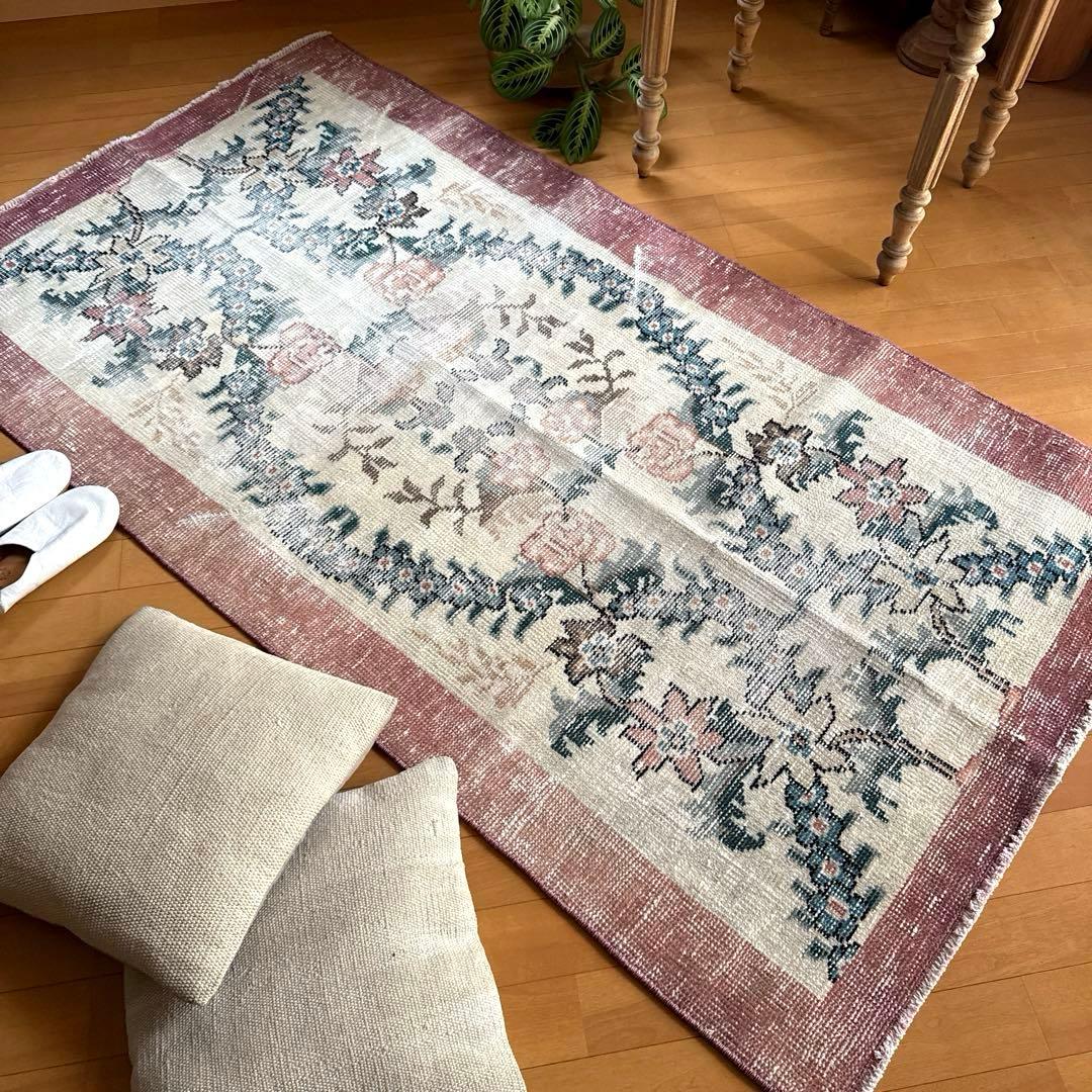 93×170擦れ　アンティークリースボタニカル　花柄　トルコヴィンテージラグ