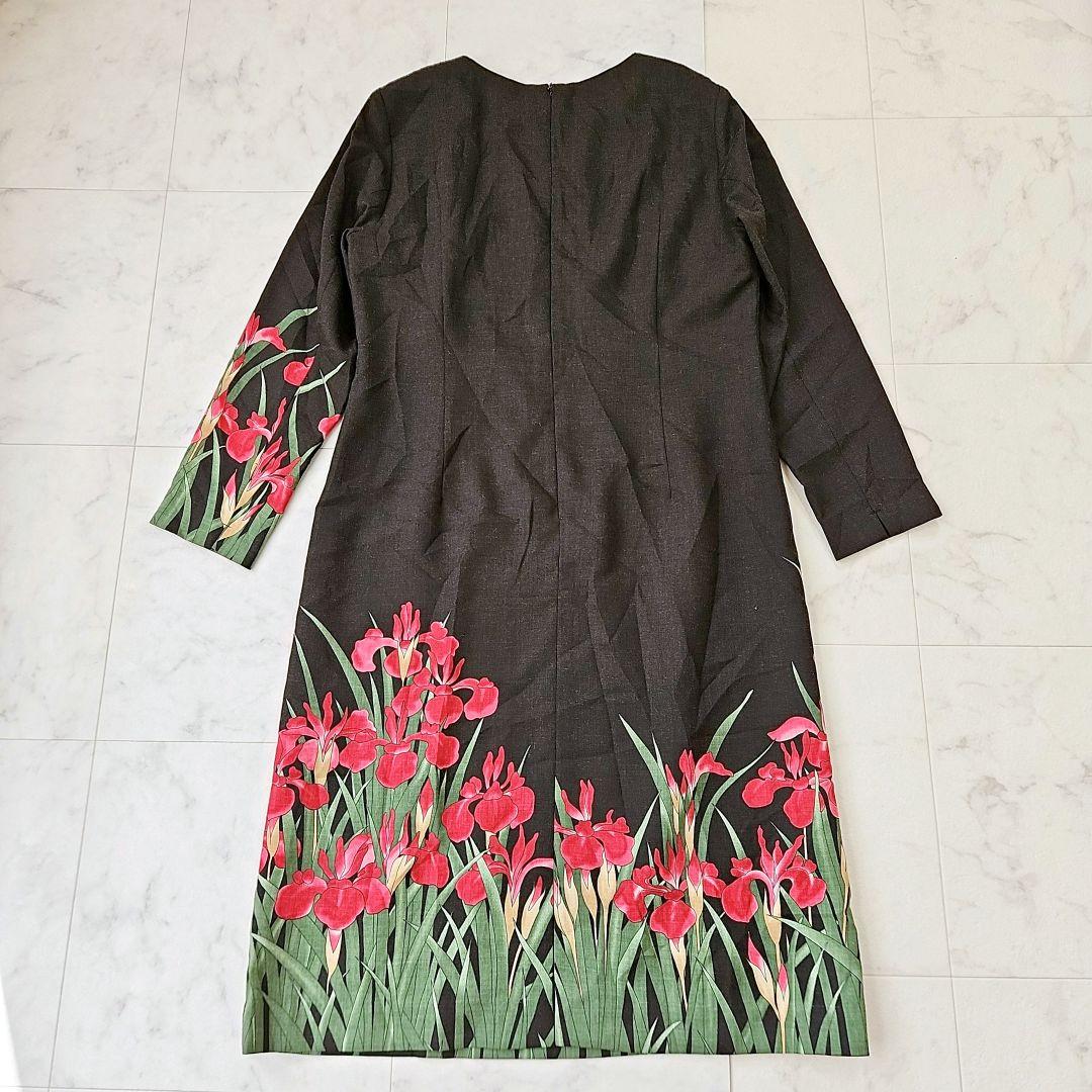 【新品タグ付】Pagong パゴン　尾形光琳 ビエラワンピース長袖　燕子花/黒紅