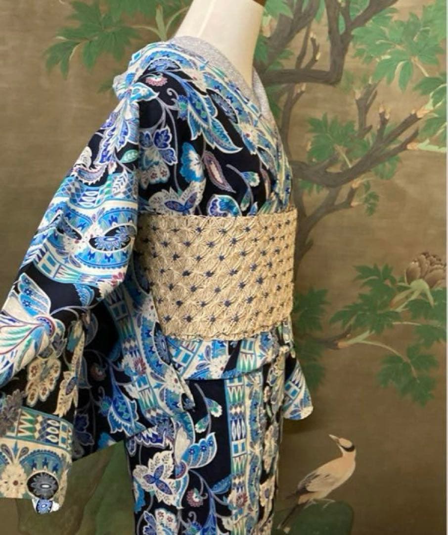 ターコイズ浴衣　更紗柄　エキゾチック変わり織り　単衣　浴衣　帯プレゼント付き