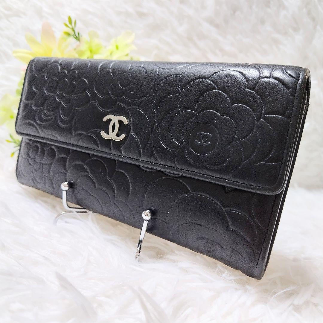 レア美品✨シャネル◇カメリアエンボスフラップ長財布シルバー金具ココマーク黒グレー